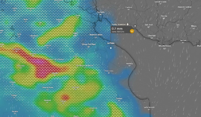 La imagen de radar que muestra cómo se acercan las tormentas a La Plata